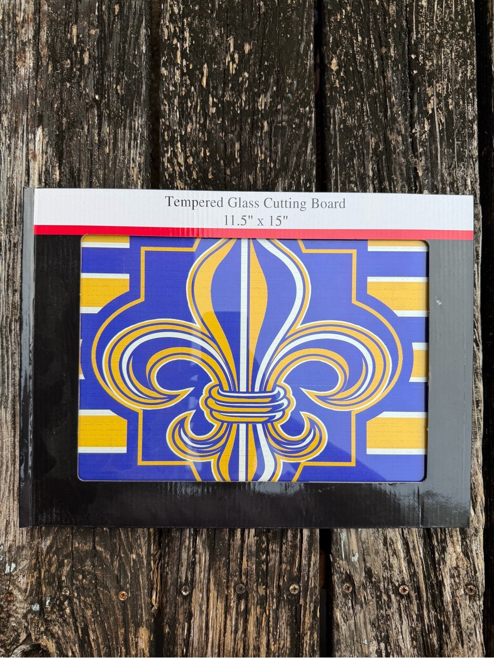 NIB Lancaster House Purple & Gold LSU Fleur De Lis Tempered Glass Cutting Board